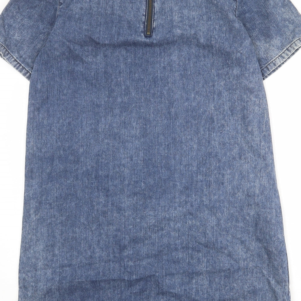 Topshop Womens Blue 100% Cotton Shift Size 10 Round Neck Zip