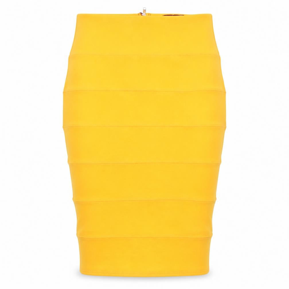 Front view of Boohoo women’s orange polyester bandage skirt, size UK 12, zip