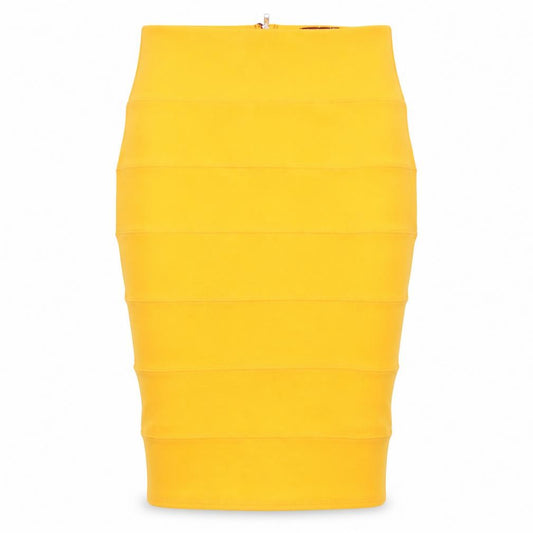 Front view of Boohoo women’s orange polyester bandage skirt, size UK 12, zip