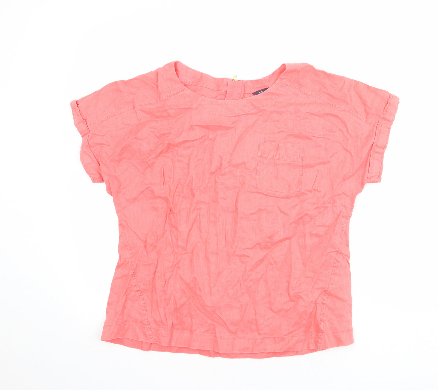 Marks and Spencer Womens Pink Linen Basic Blouse Size 10 Round Neck