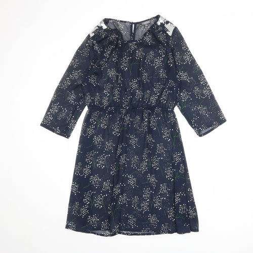 Limited Collection Womens Blue Floral Polyester A-Line Size 10 Round Neck Button