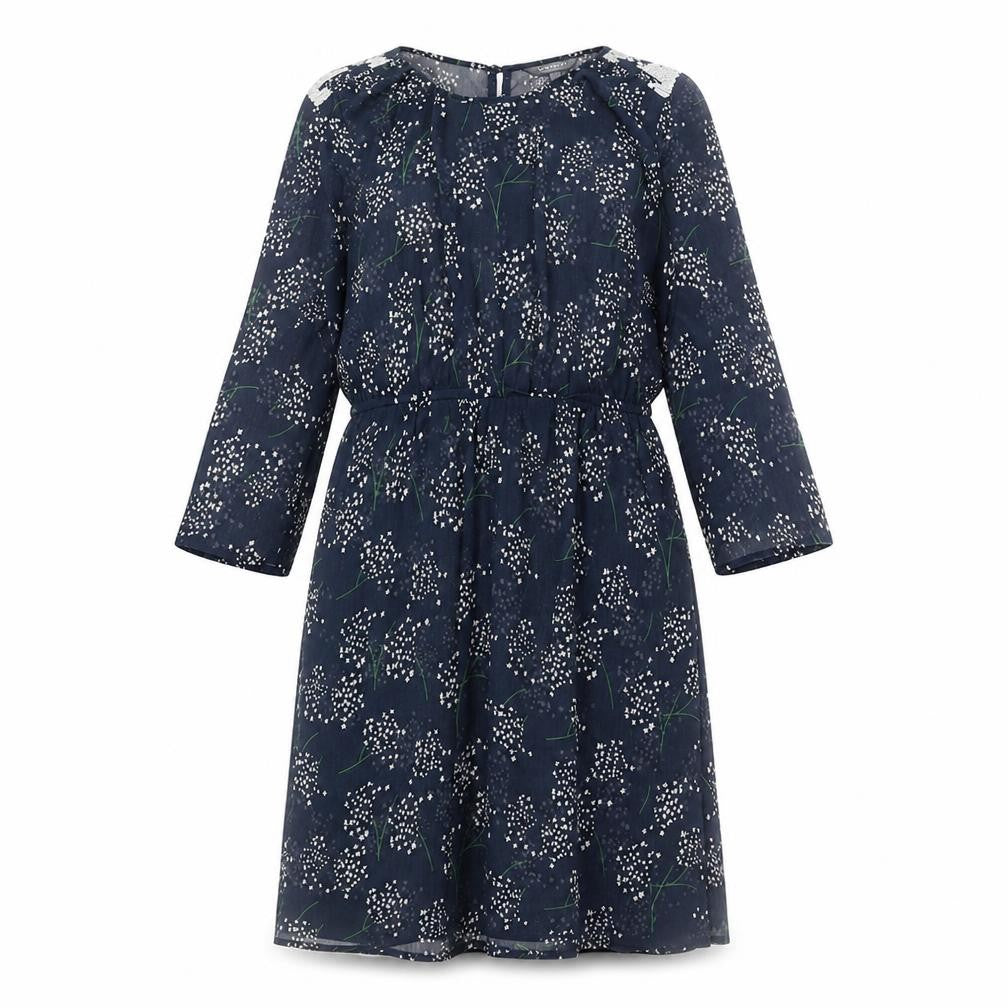 Front view of Limited Collection women’s blue floral polyester a-line, size UK 10, round neck button