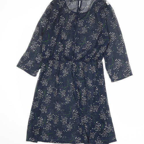 Limited Collection Womens Blue Floral Polyester A-Line Size 10 Round Neck Button