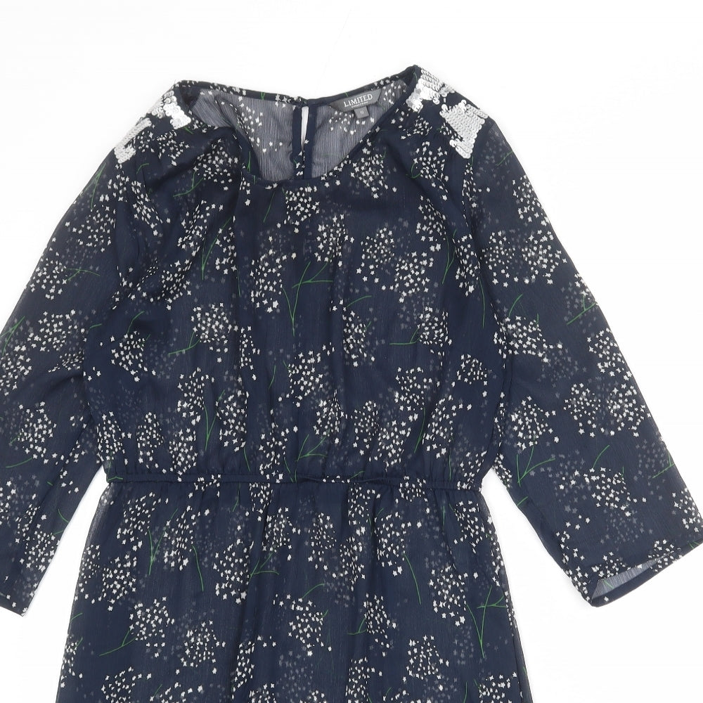 Limited Collection Womens Blue Floral Polyester A-Line Size 10 Round Neck Button