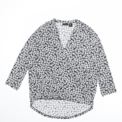 Tahari Womens Blue Floral Polyester Basic Blouse Size S V-Neck