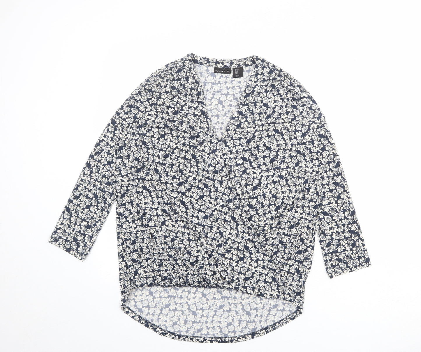 Tahari Womens Blue Floral Polyester Basic Blouse Size S V-Neck