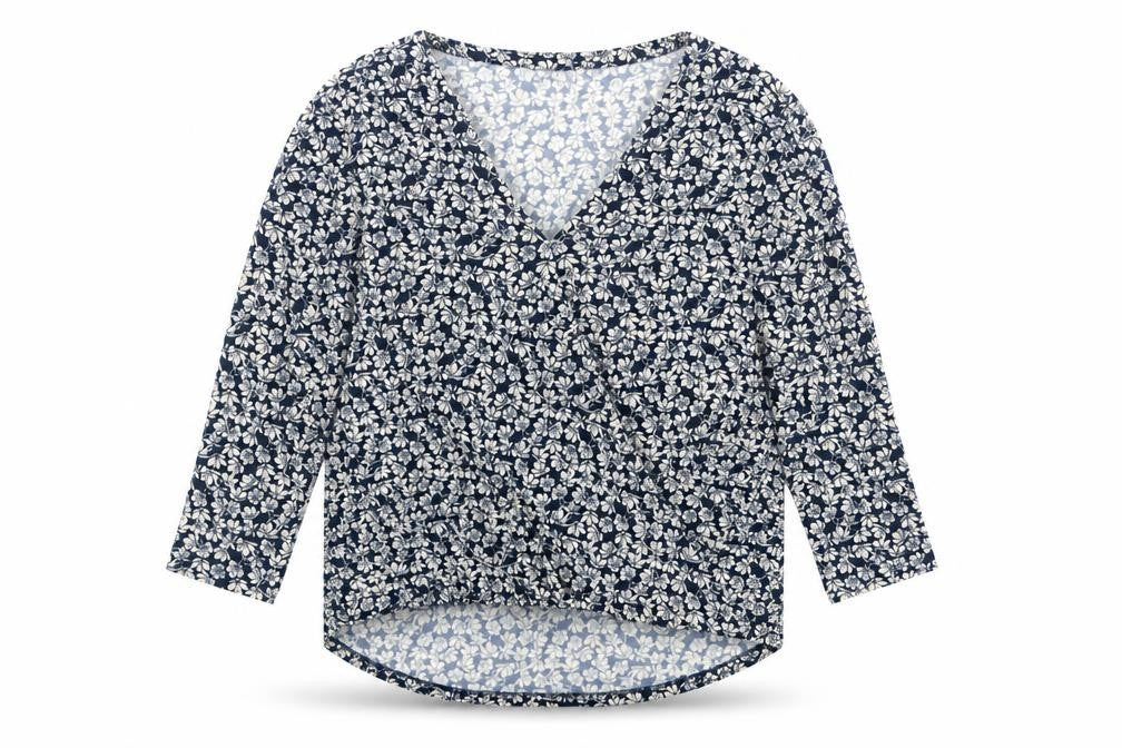 Front view of Tahari women’s blue floral polyester basic blouse, size S, v-neck