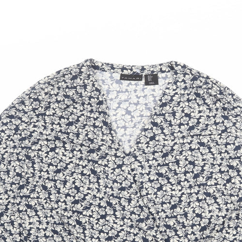 Tahari Womens Blue Floral Polyester Basic Blouse Size S V-Neck