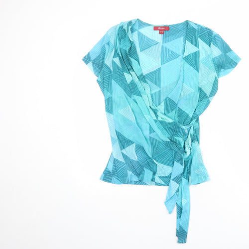 Monsoon Womens Blue Geometric Nylon Wrap Blouse Size 16 V-Neck - Tie Side Detail
