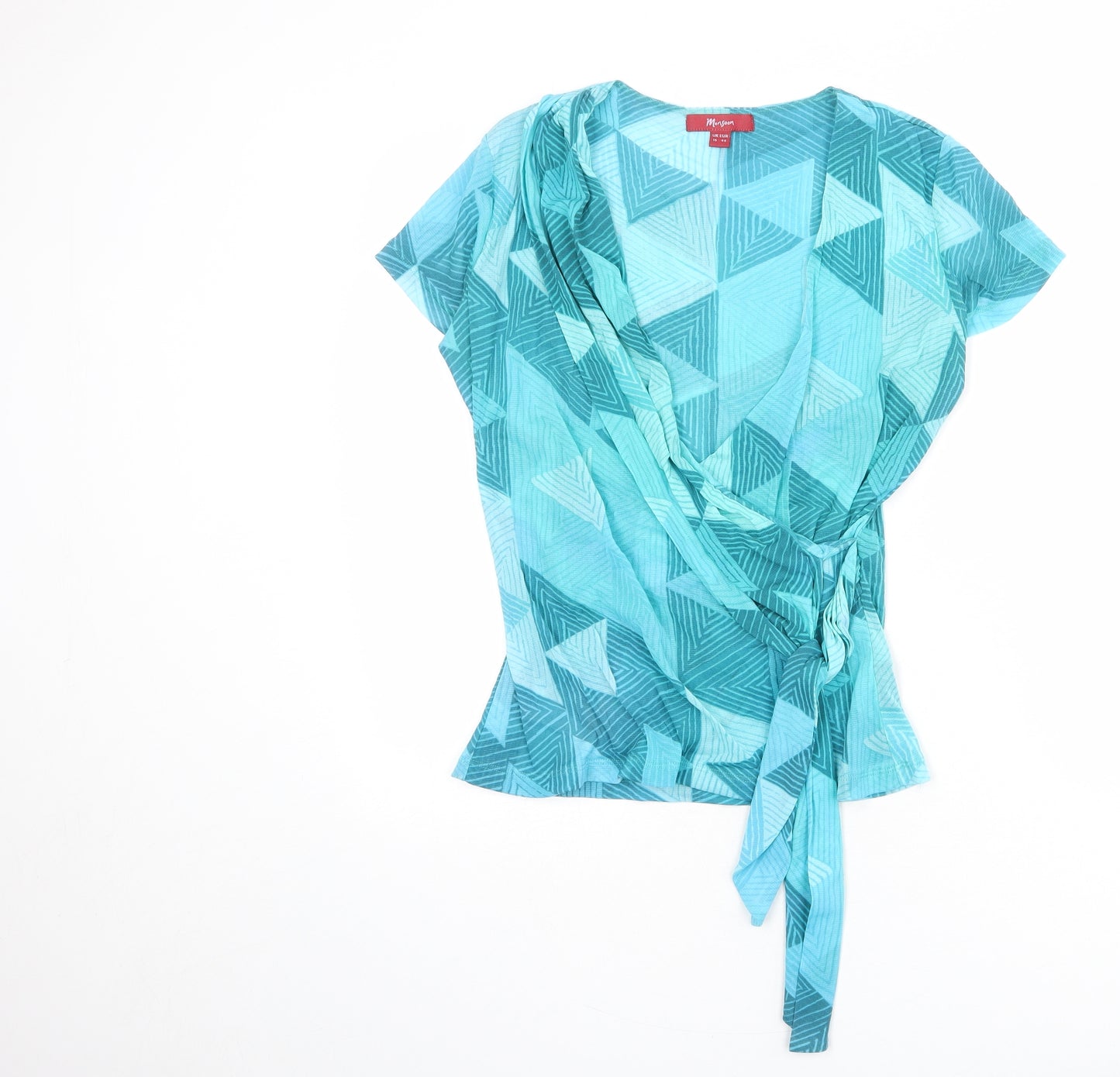 Monsoon Womens Blue Geometric Nylon Wrap Blouse Size 16 V-Neck - Tie Side Detail