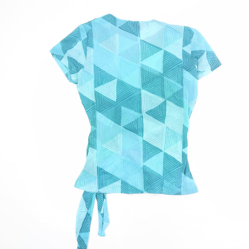 Monsoon Womens Blue Geometric Nylon Wrap Blouse Size 16 V-Neck - Tie Side Detail
