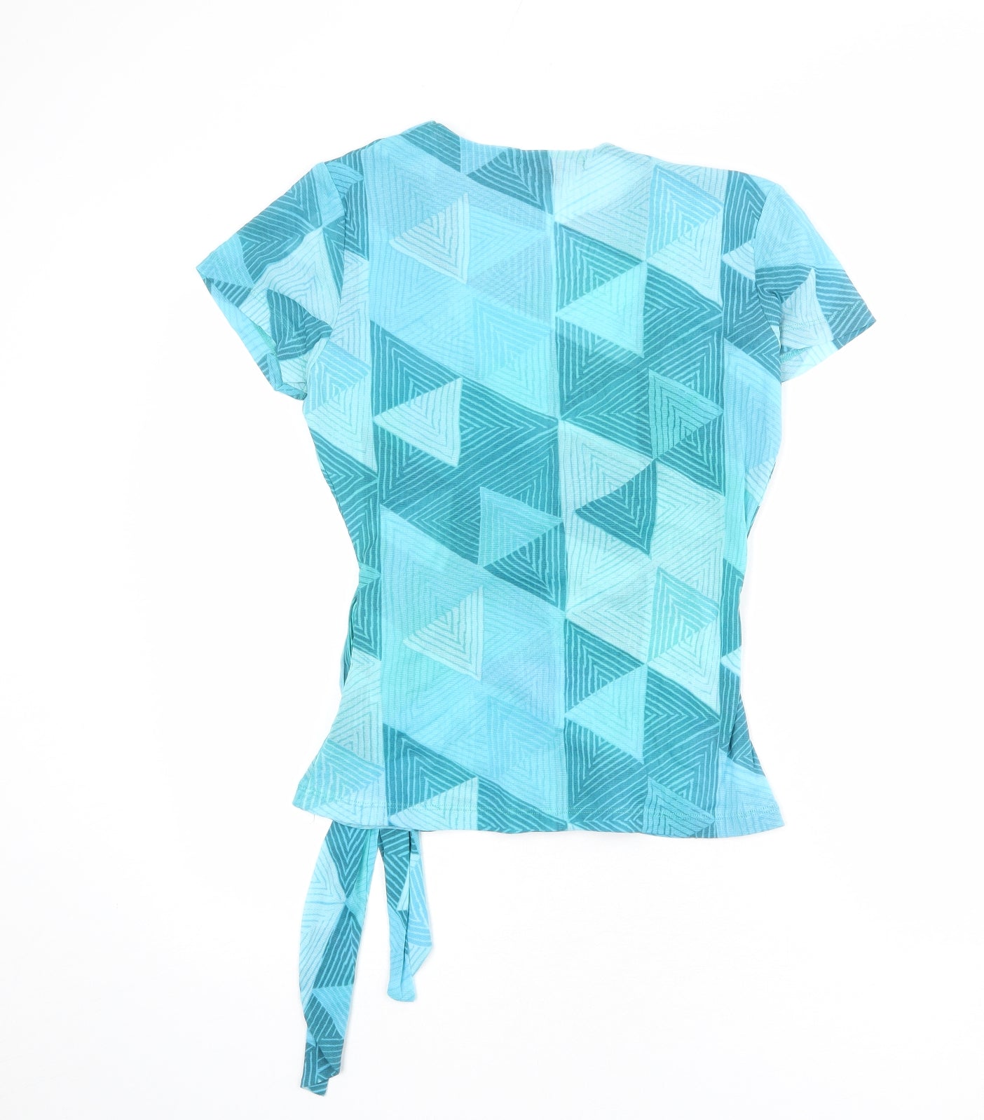 Monsoon Womens Blue Geometric Nylon Wrap Blouse Size 16 V-Neck - Tie Side Detail