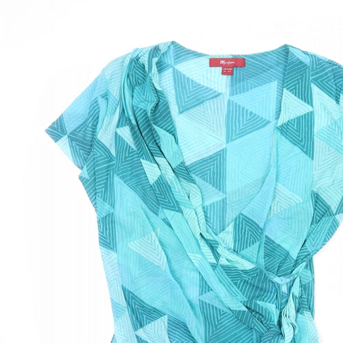 Monsoon Womens Blue Geometric Nylon Wrap Blouse Size 16 V-Neck - Tie Side Detail