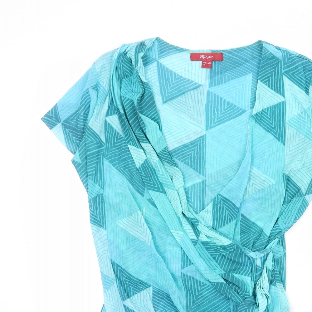 Monsoon Womens Blue Geometric Nylon Wrap Blouse Size 16 V-Neck - Tie Side Detail