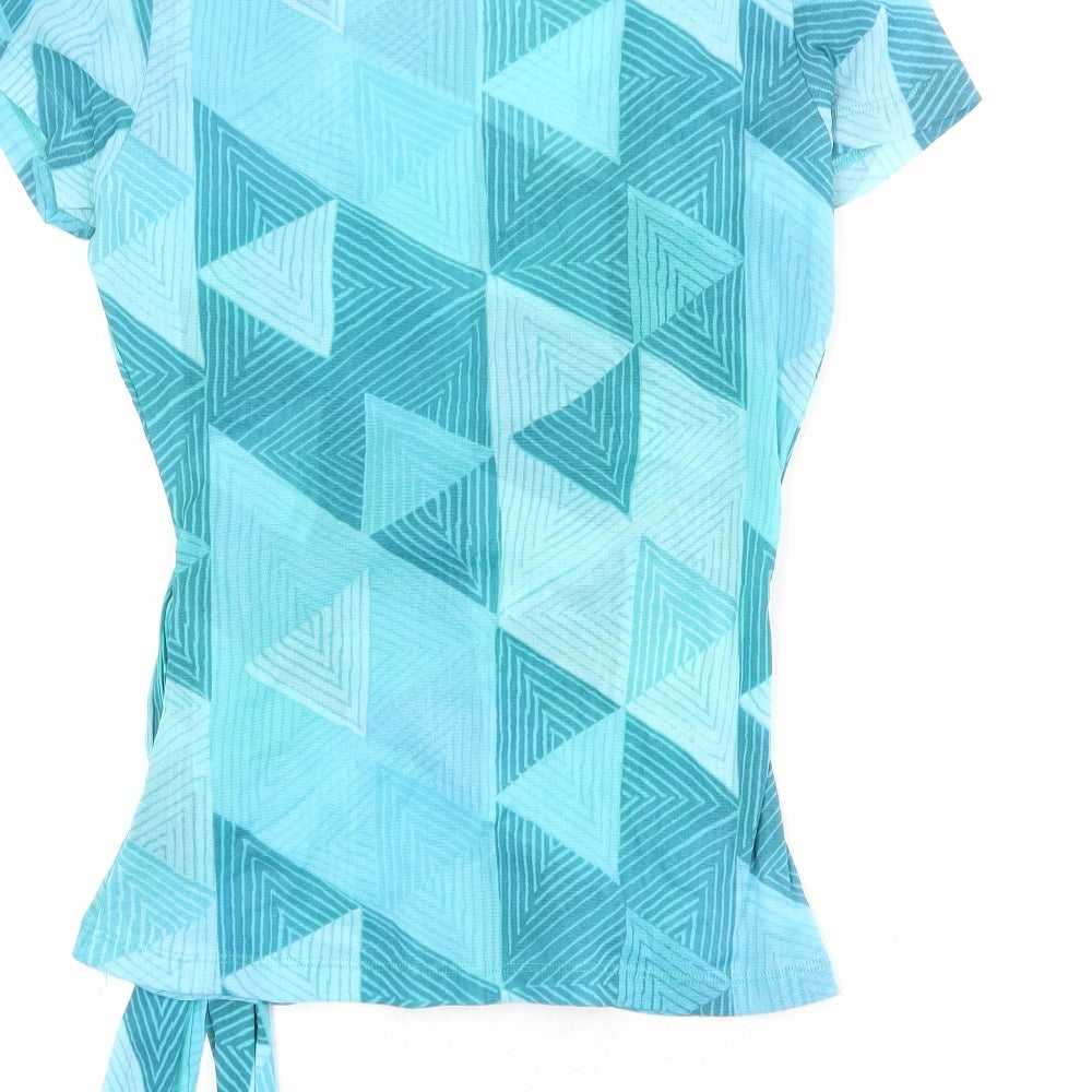 Monsoon Womens Blue Geometric Nylon Wrap Blouse Size 16 V-Neck - Tie Side Detail