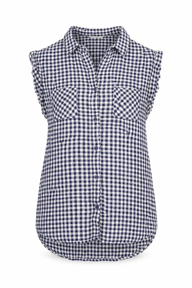 Front view of Next women’s blue check viscose basic button-up, size UK 8, collared