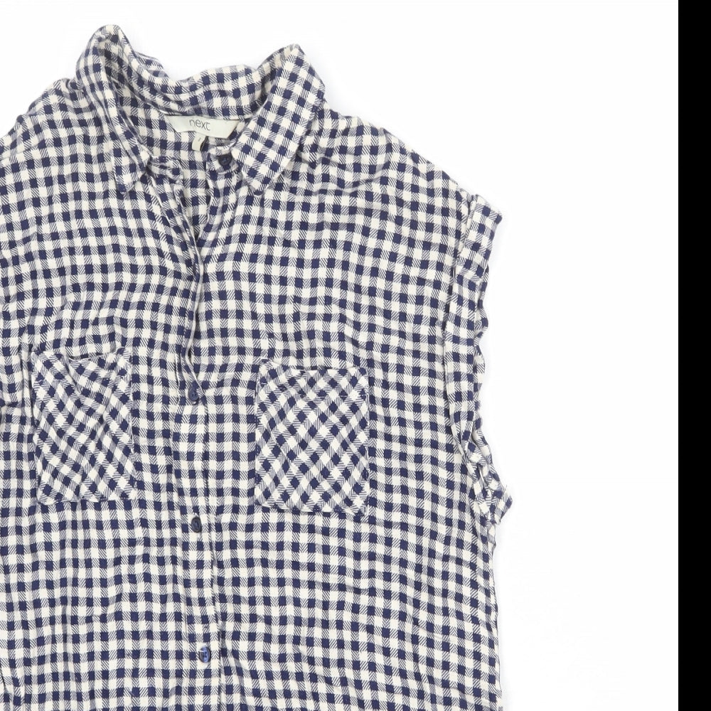 NEXT Womens Blue Check Viscose Basic Button-Up Size 8 Collared