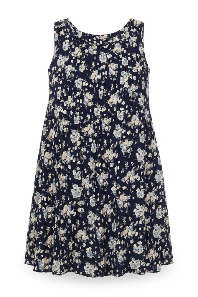 Front view of Sea Wall women’s blue floral polyester tank dress, size M, round neck pullover
