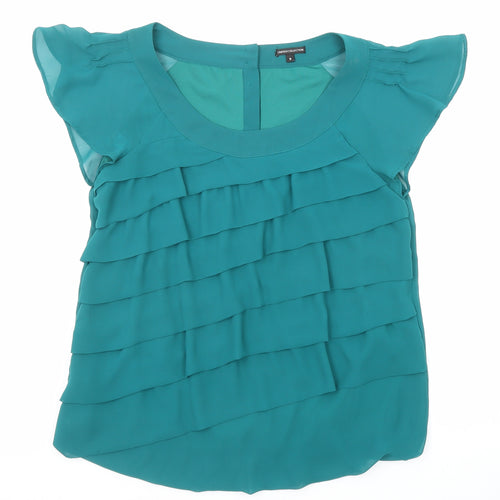 Marks and Spencer Womens Green Polyester Basic Blouse Size 8 Boat Neck - Ruffle Sleeve