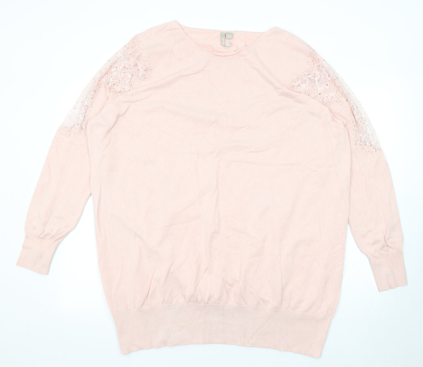 Anthology Womens Pink Round Neck Viscose Pullover Jumper Size 16 - Size 16-18 Lace Trim