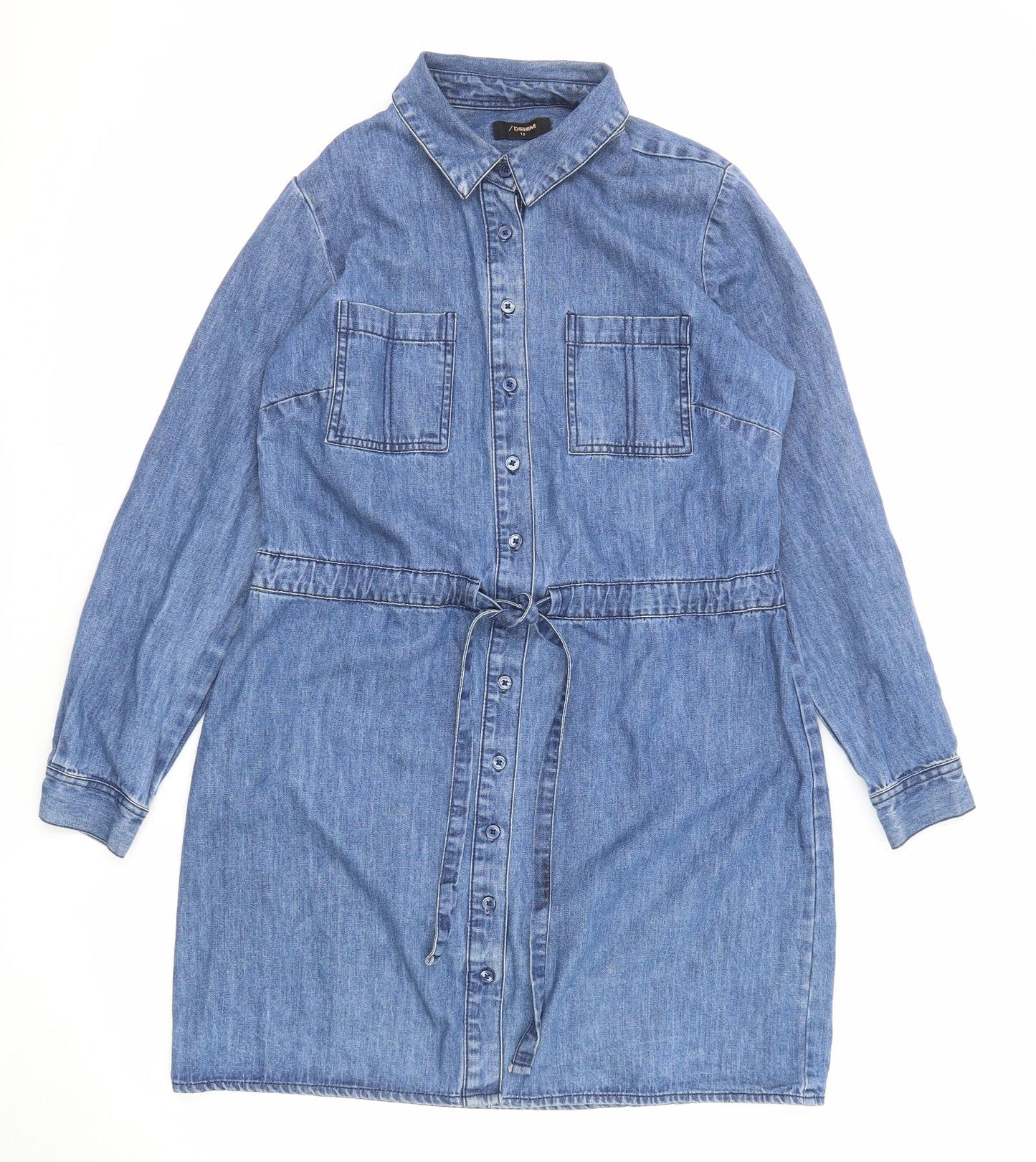 /Denim Womens Blue Cotton Shirt Dress Size 12 Collared Button