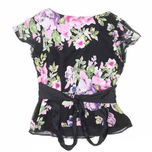Kaliko Womens Black Floral Viscose Basic T-Shirt Size 10 V-Neck