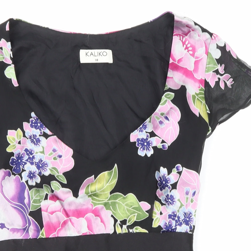 Kaliko Womens Black Floral Viscose Basic T-Shirt Size 10 V-Neck
