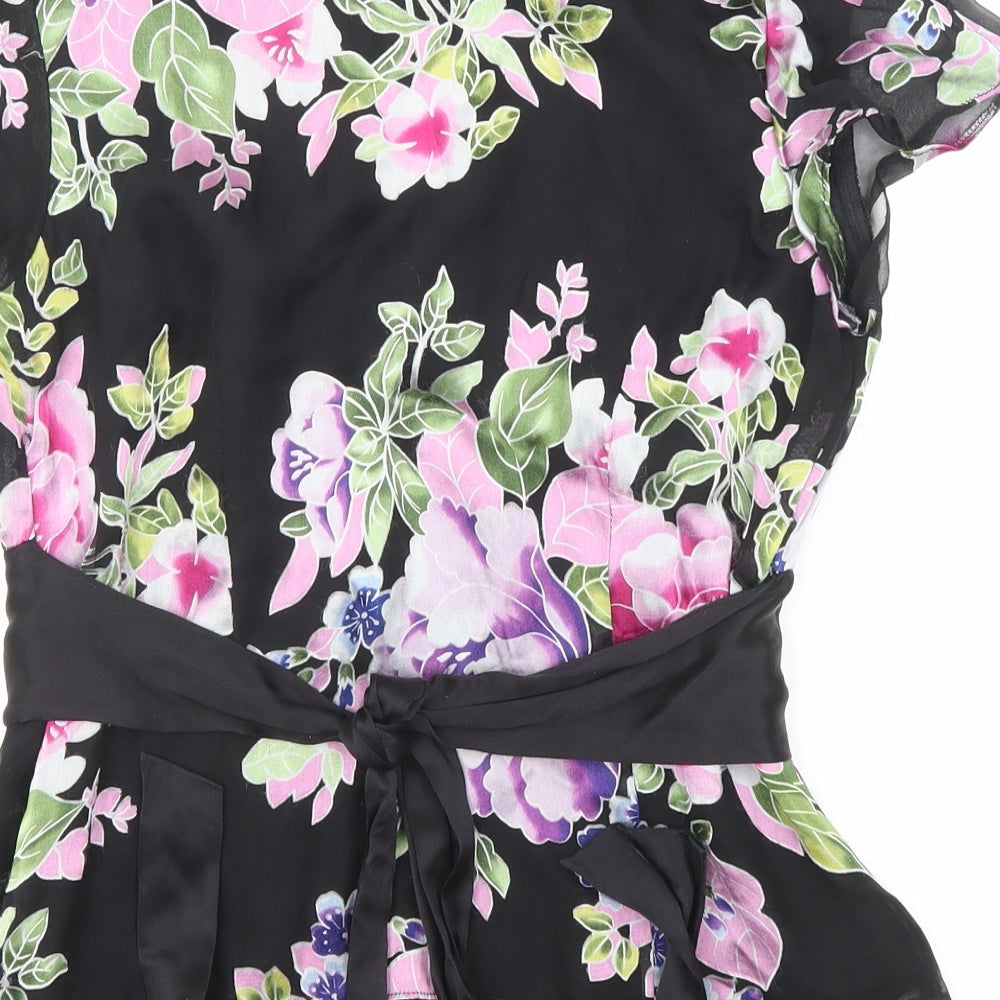 Kaliko Womens Black Floral Viscose Basic T-Shirt Size 10 V-Neck