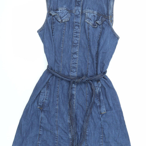 Warehouse Womens Blue Cotton Tank Dress Size 14 Collared Snap