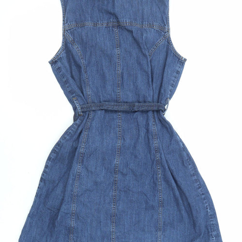 Warehouse Womens Blue Cotton Tank Dress Size 14 Collared Snap