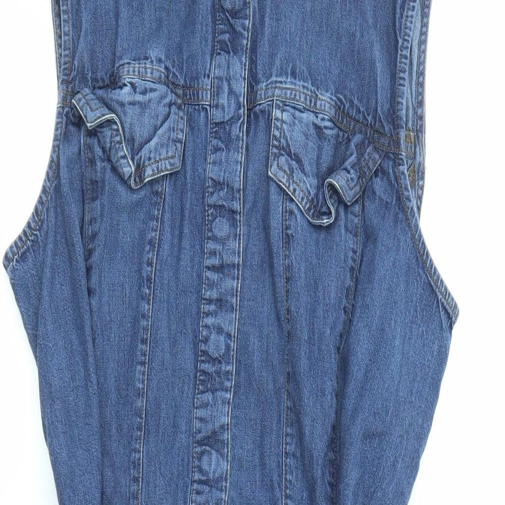 Warehouse Womens Blue Cotton Tank Dress Size 14 Collared Snap