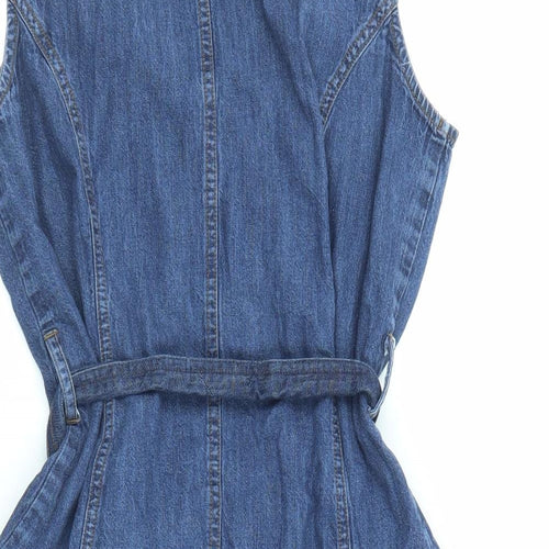 Warehouse Womens Blue Cotton Tank Dress Size 14 Collared Snap