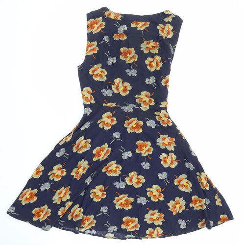 Warehouse Womens Blue Floral Viscose A-Line Size 12 Round Neck Button