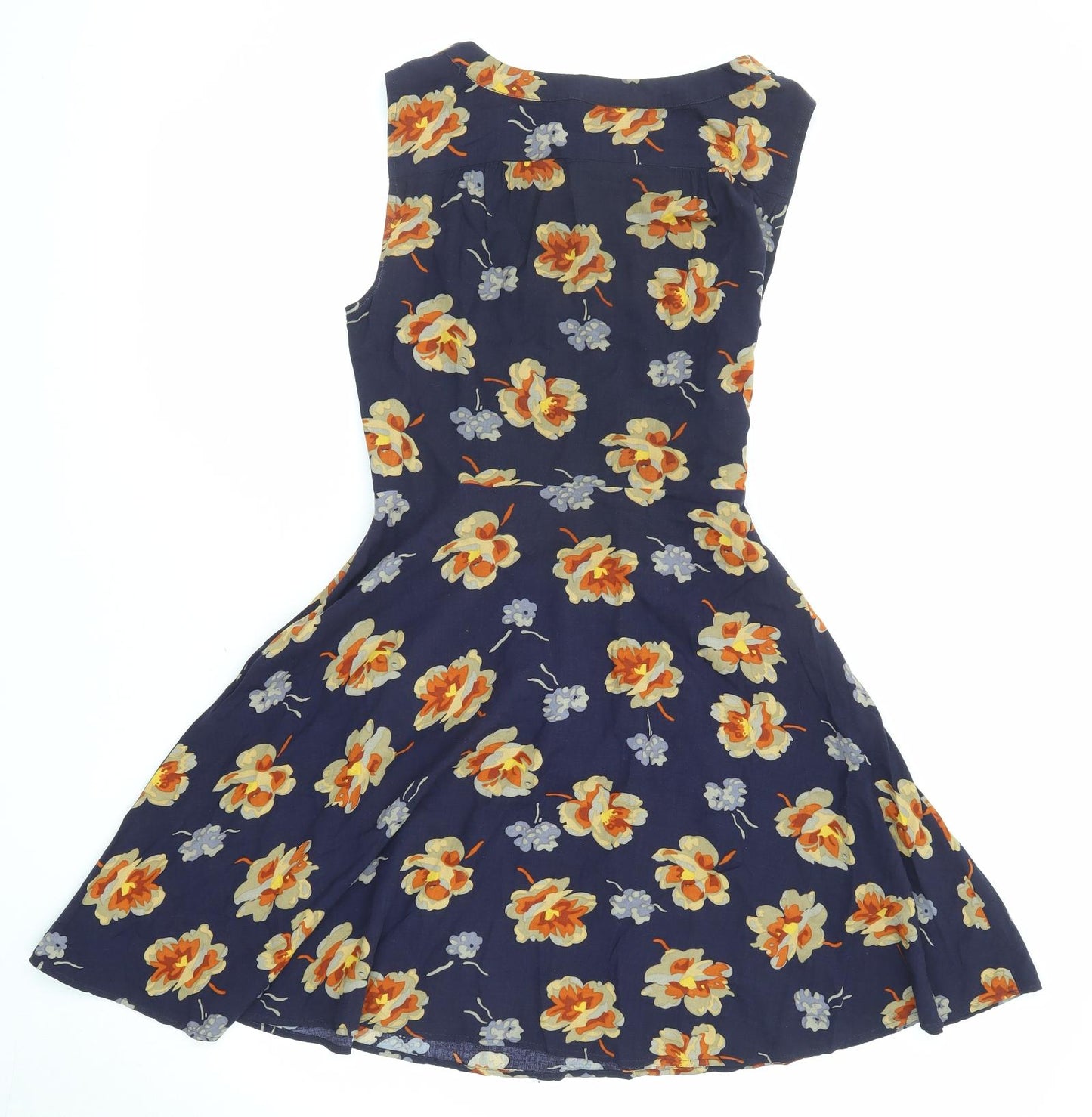 Warehouse Womens Blue Floral Viscose A-Line Size 12 Round Neck Button