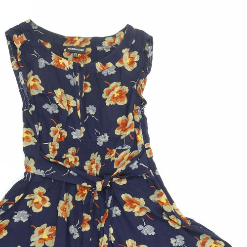 Warehouse Womens Blue Floral Viscose A-Line Size 12 Round Neck Button