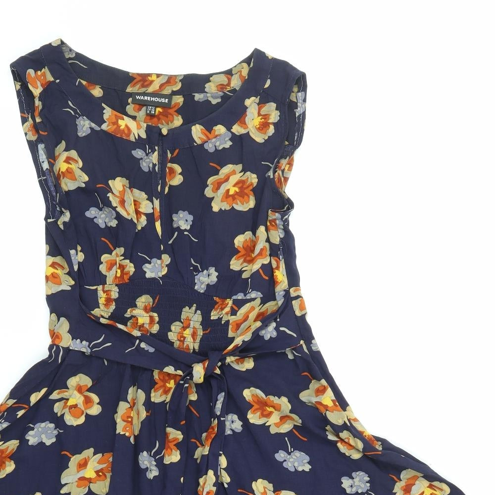 Warehouse Womens Blue Floral Viscose A-Line Size 12 Round Neck Button