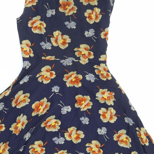Warehouse Womens Blue Floral Viscose A-Line Size 12 Round Neck Button