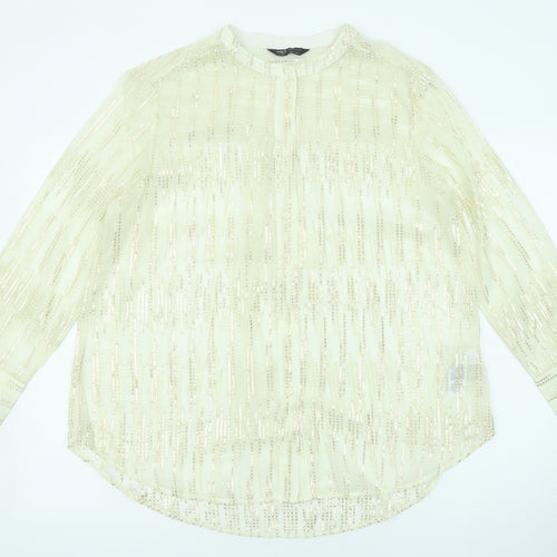 Marks and Spencer Womens Beige Geometric Polyester Basic Button-Up Size 10 Round Neck