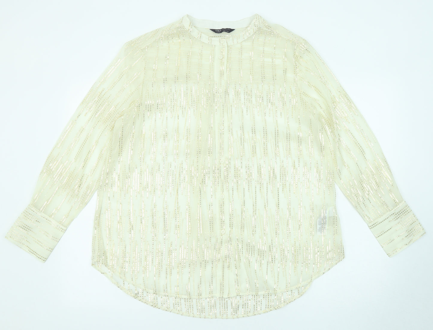 Marks and Spencer Womens Beige Geometric Polyester Basic Button-Up Size 10 Round Neck