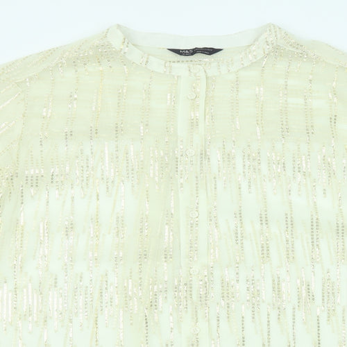 Marks and Spencer Womens Beige Geometric Polyester Basic Button-Up Size 10 Round Neck