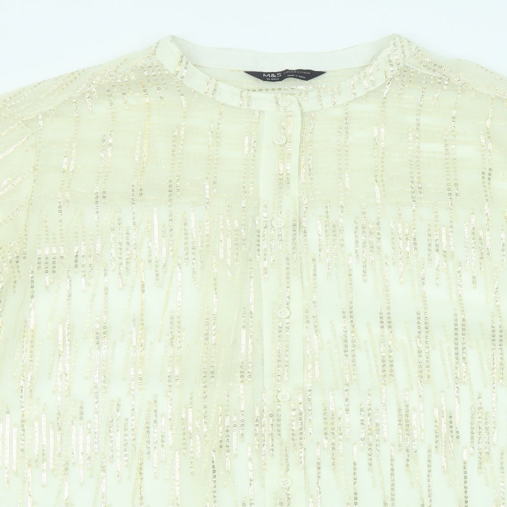 Marks and Spencer Womens Beige Geometric Polyester Basic Button-Up Size 10 Round Neck