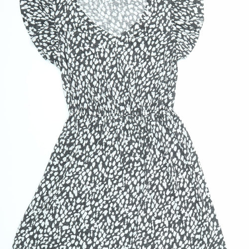 Marks and Spencer Womens Black Animal Print Linen Fit & Flare Size 6 V-Neck Pullover - Ruffle Sleeve