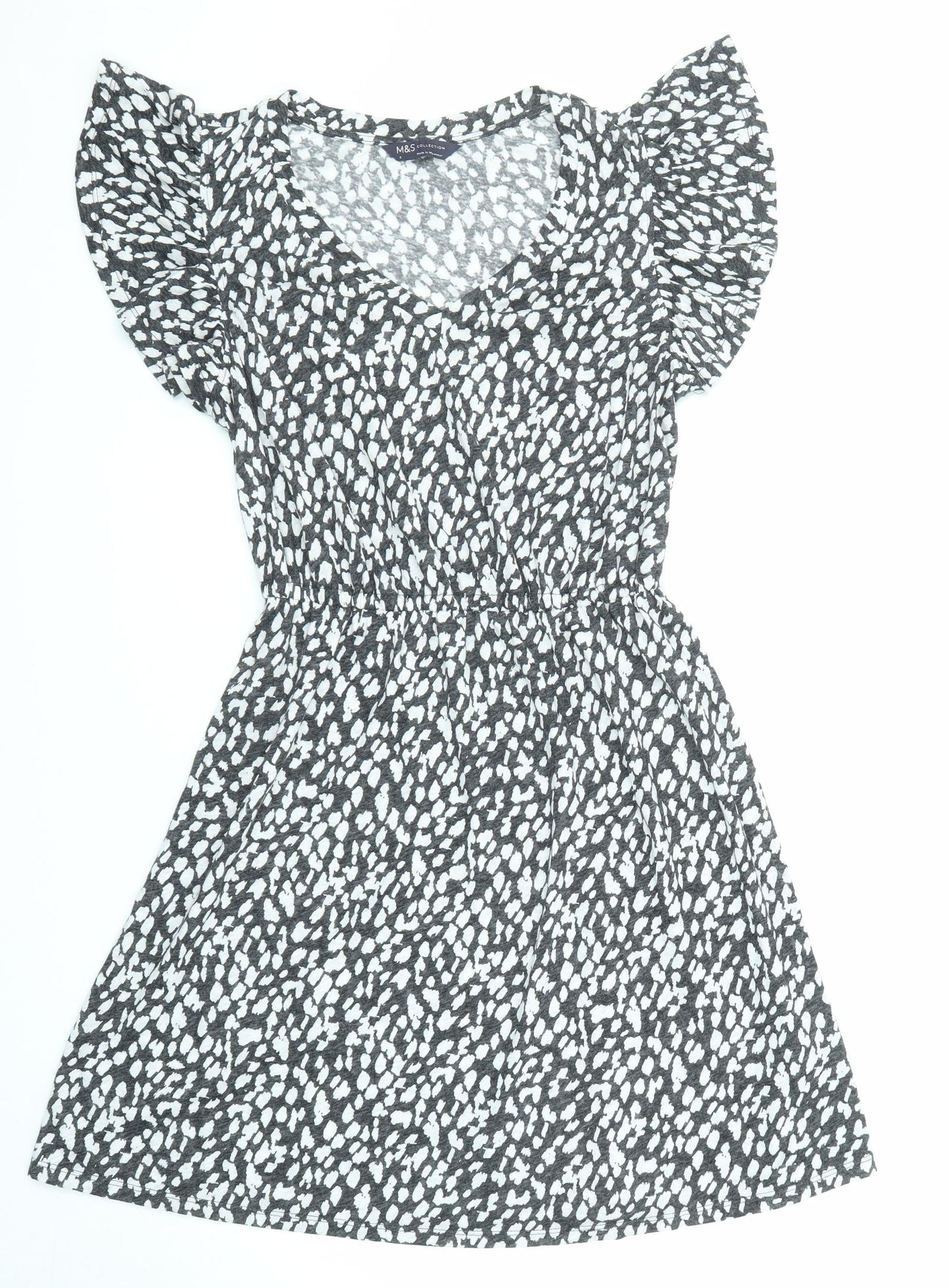 Marks and Spencer Womens Black Animal Print Linen Fit & Flare Size 6 V-Neck Pullover - Ruffle Sleeve