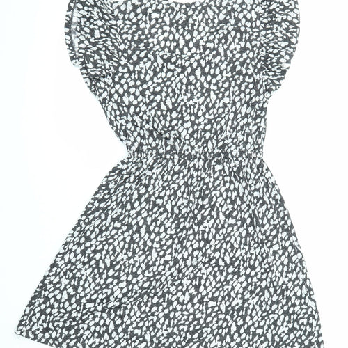 Marks and Spencer Womens Black Animal Print Linen Fit & Flare Size 6 V-Neck Pullover - Ruffle Sleeve