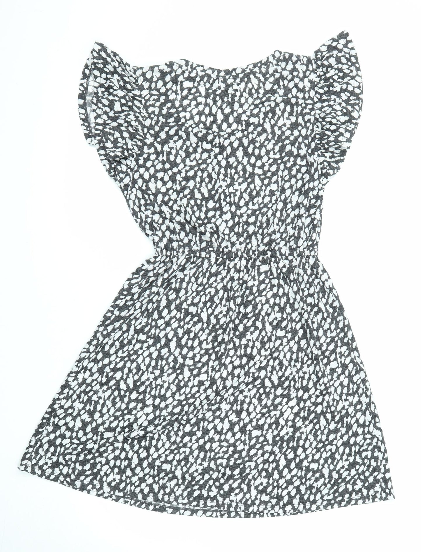 Marks and Spencer Womens Black Animal Print Linen Fit & Flare Size 6 V-Neck Pullover - Ruffle Sleeve