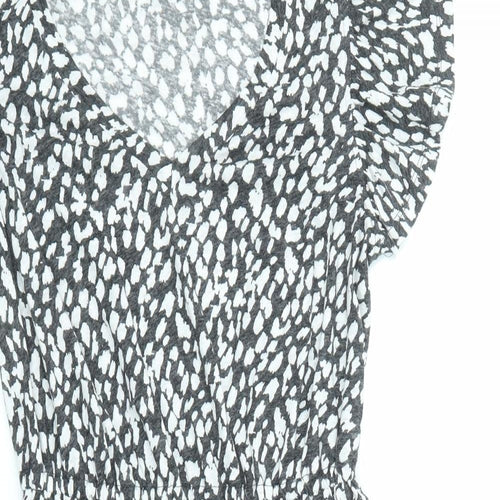 Marks and Spencer Womens Black Animal Print Linen Fit & Flare Size 6 V-Neck Pullover - Ruffle Sleeve