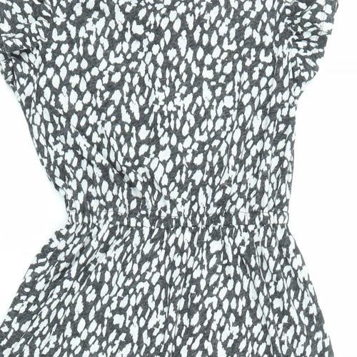 Marks and Spencer Womens Black Animal Print Linen Fit & Flare Size 6 V-Neck Pullover - Ruffle Sleeve