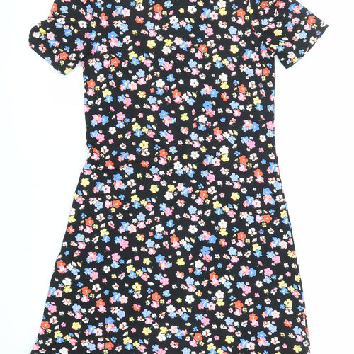 Marks and Spencer Womens Black Floral Viscose Shift Size 6 Round Neck Button