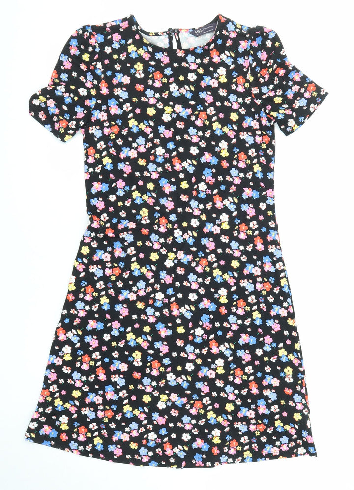 Marks and Spencer Womens Black Floral Viscose Shift Size 6 Round Neck Button