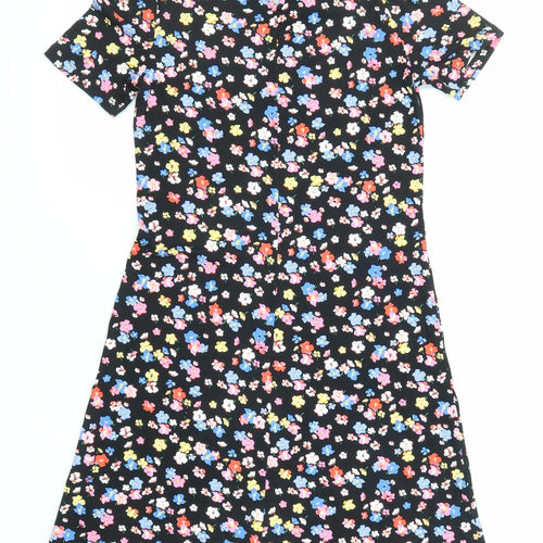 Marks and Spencer Womens Black Floral Viscose Shift Size 6 Round Neck Button